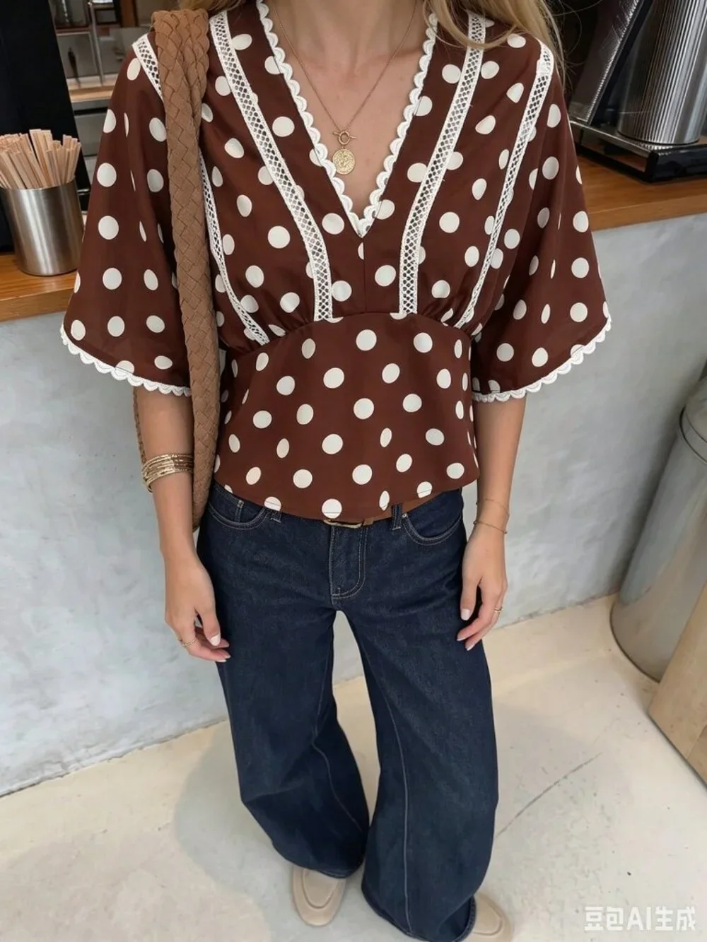 Brown Boho Women's Lace Trim Batwing V Neck Polka Dot Peplum Top